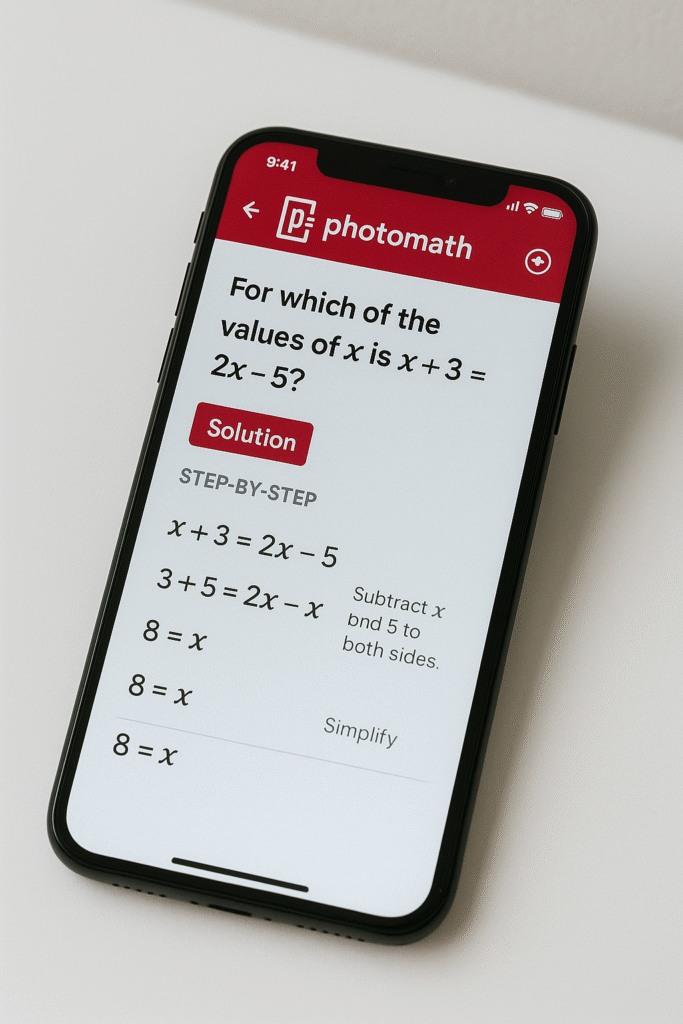 Photomath app explaining algebra step-by-step for GRE Quant practice.